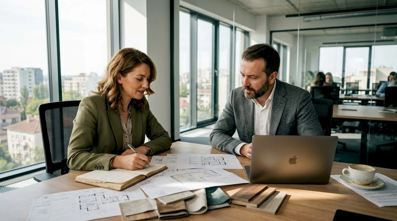 Consultanta designer interior cu investitor la birou