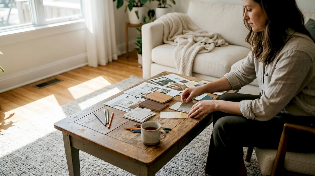 Designer arranging moodboard materials at coffee table