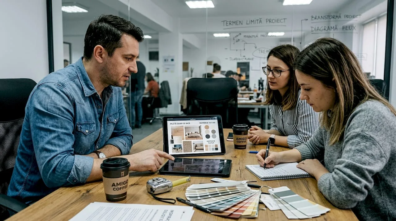 Team evaluating digital moodboard at meeting table