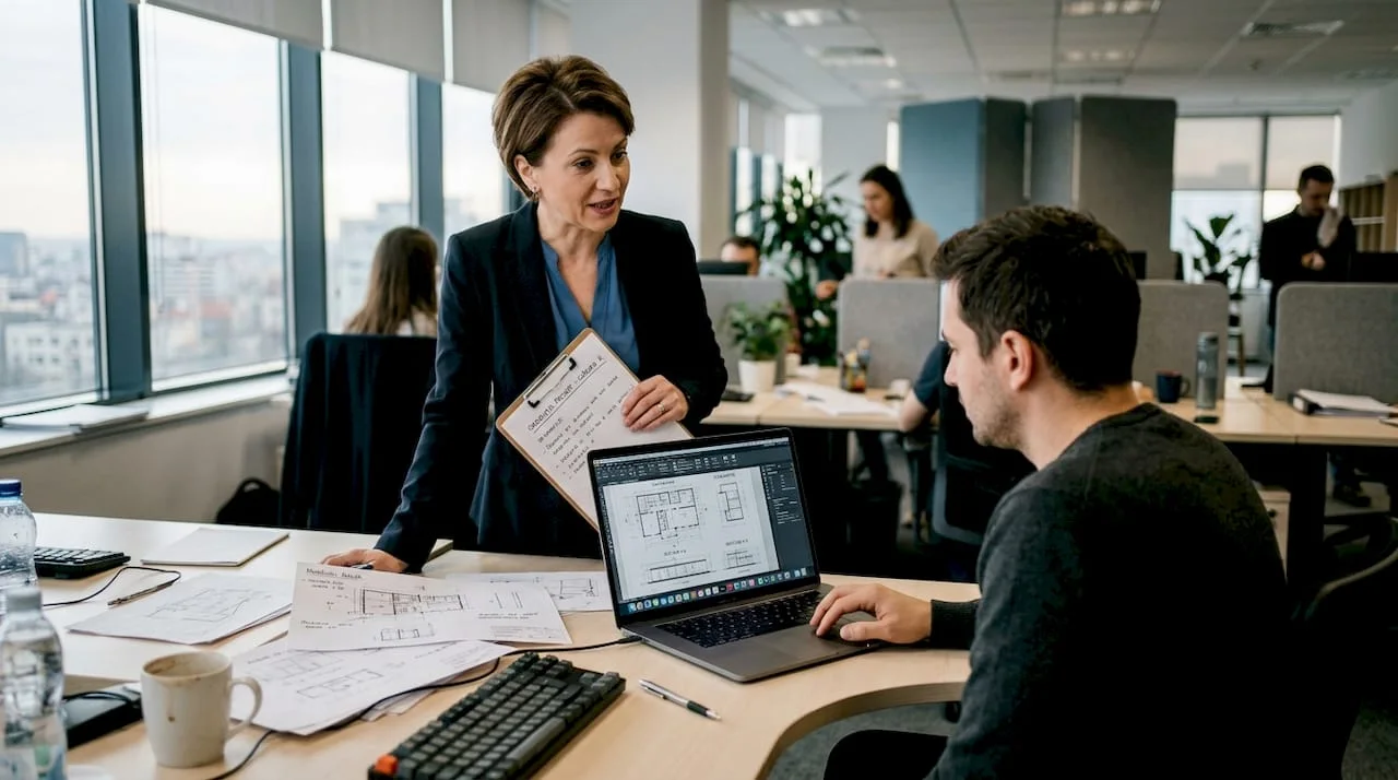 Manager proiect si designer discutand planuri