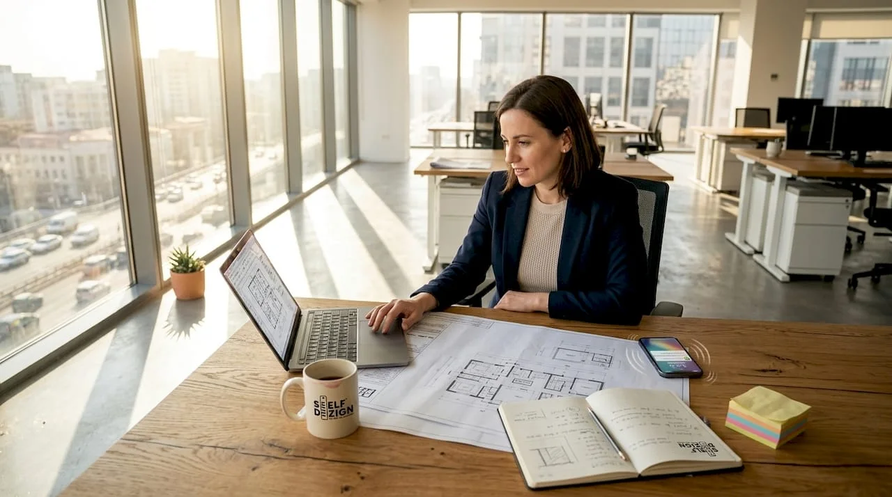 Project manager reviewing office design plans