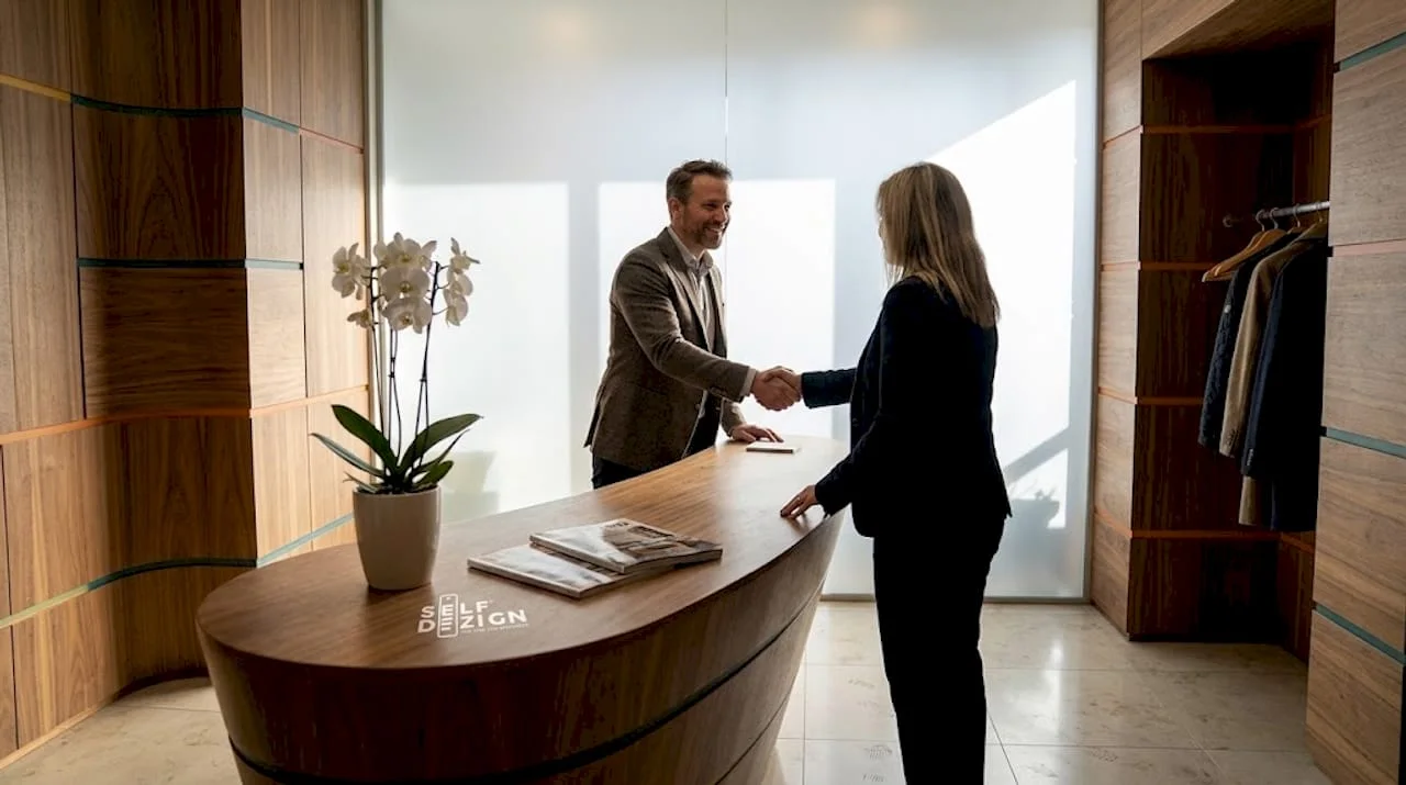Client greeted in personalized business lobby