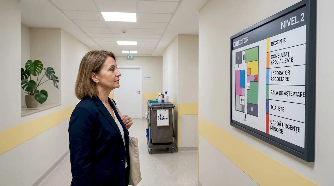 Patient navigating clinic hallway with directory