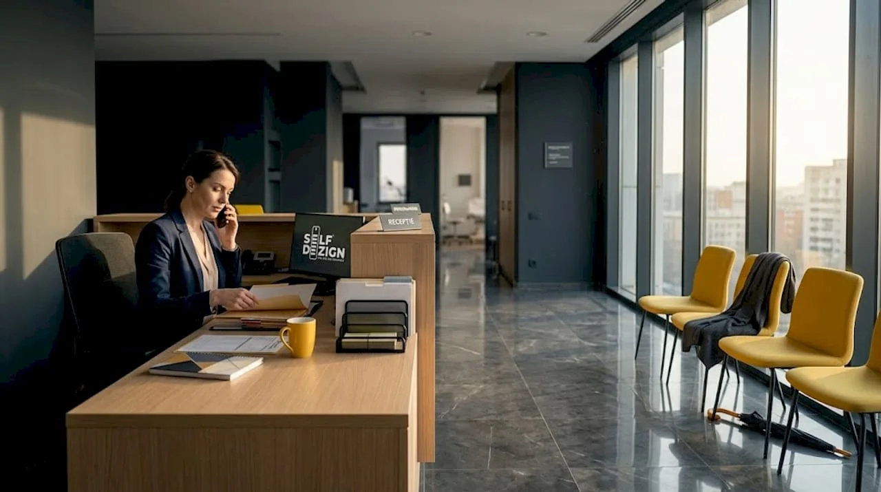Receptionist working in bright clinic lobby