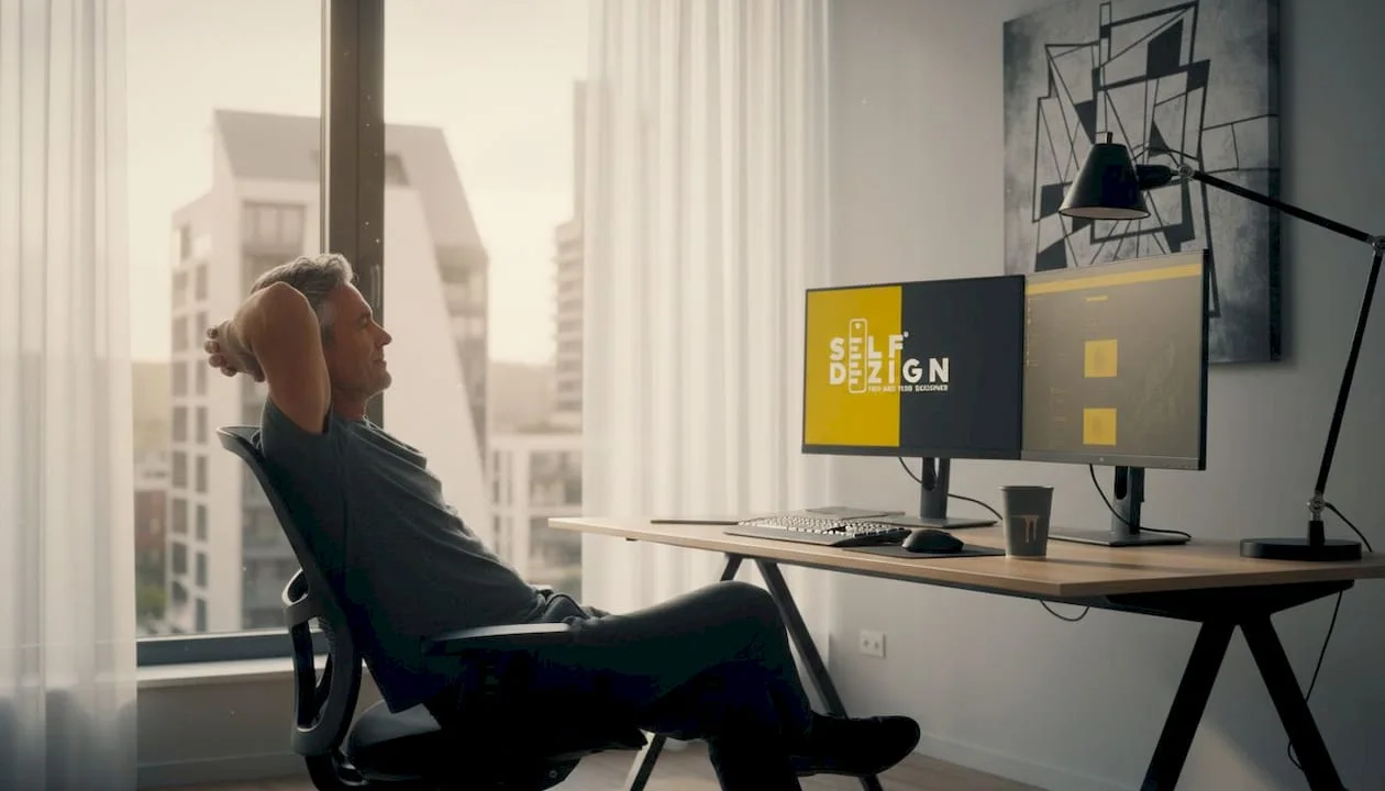 Employee relaxing in ergonomic office setup