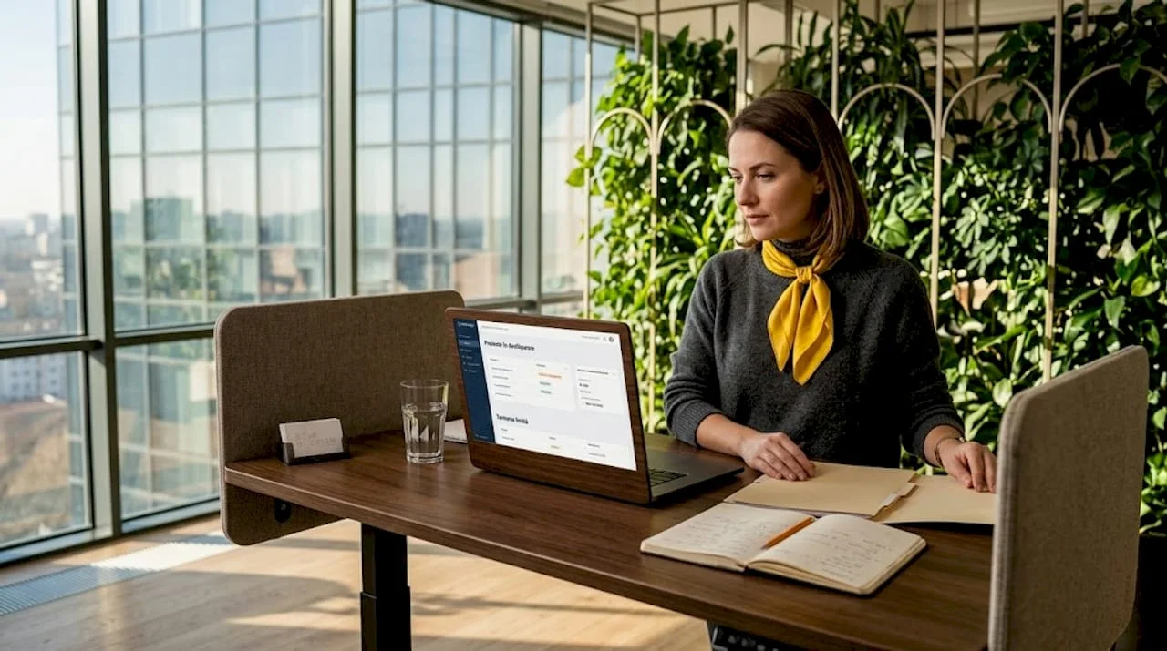 Professional arranging desk in bright modern office