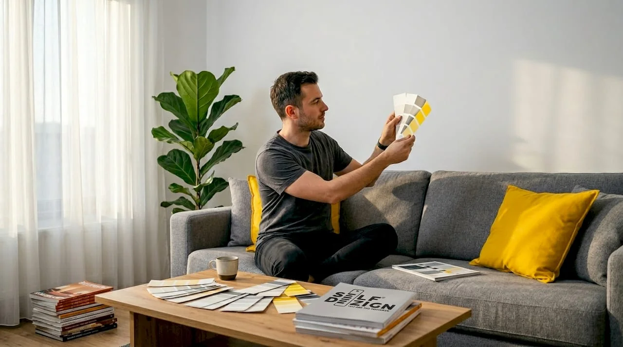Man checks wall color in sunlight living room