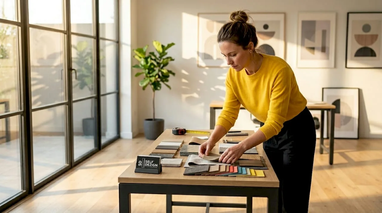 Designer selects colors at home workspace table