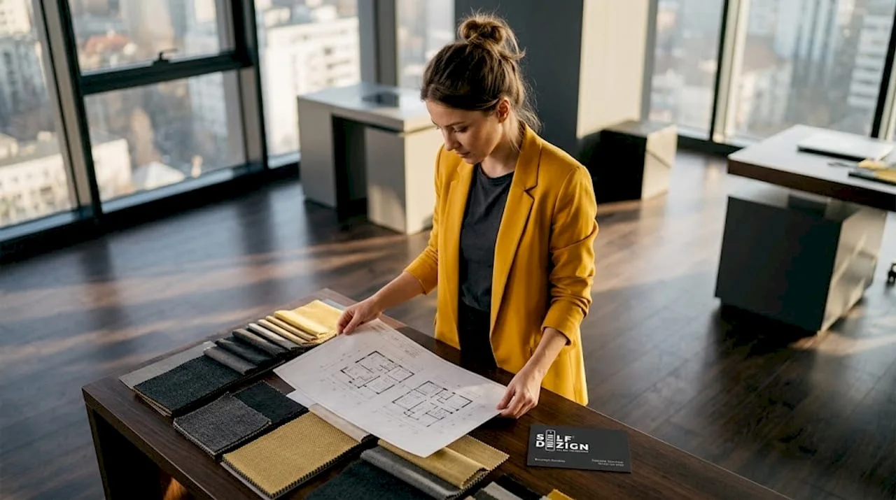 Interior designer reviewing workspace plans