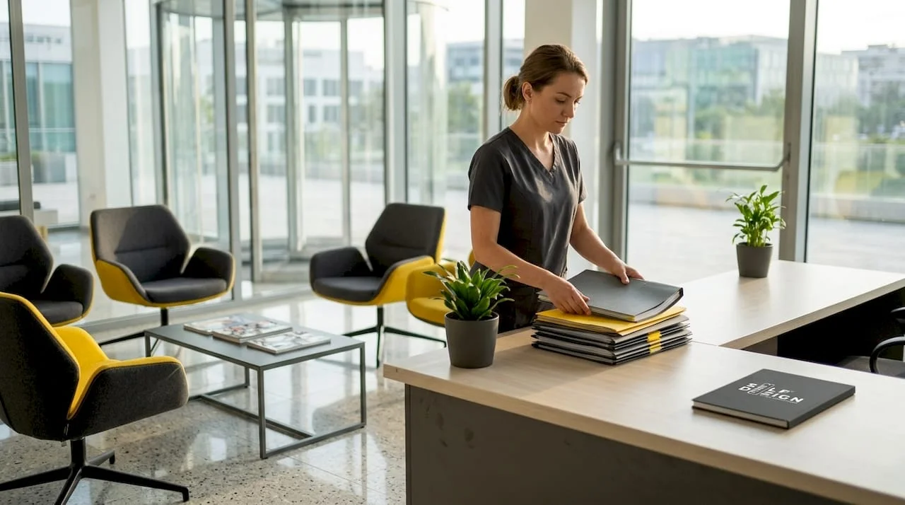 Nurse arranging files at medical clinic reception