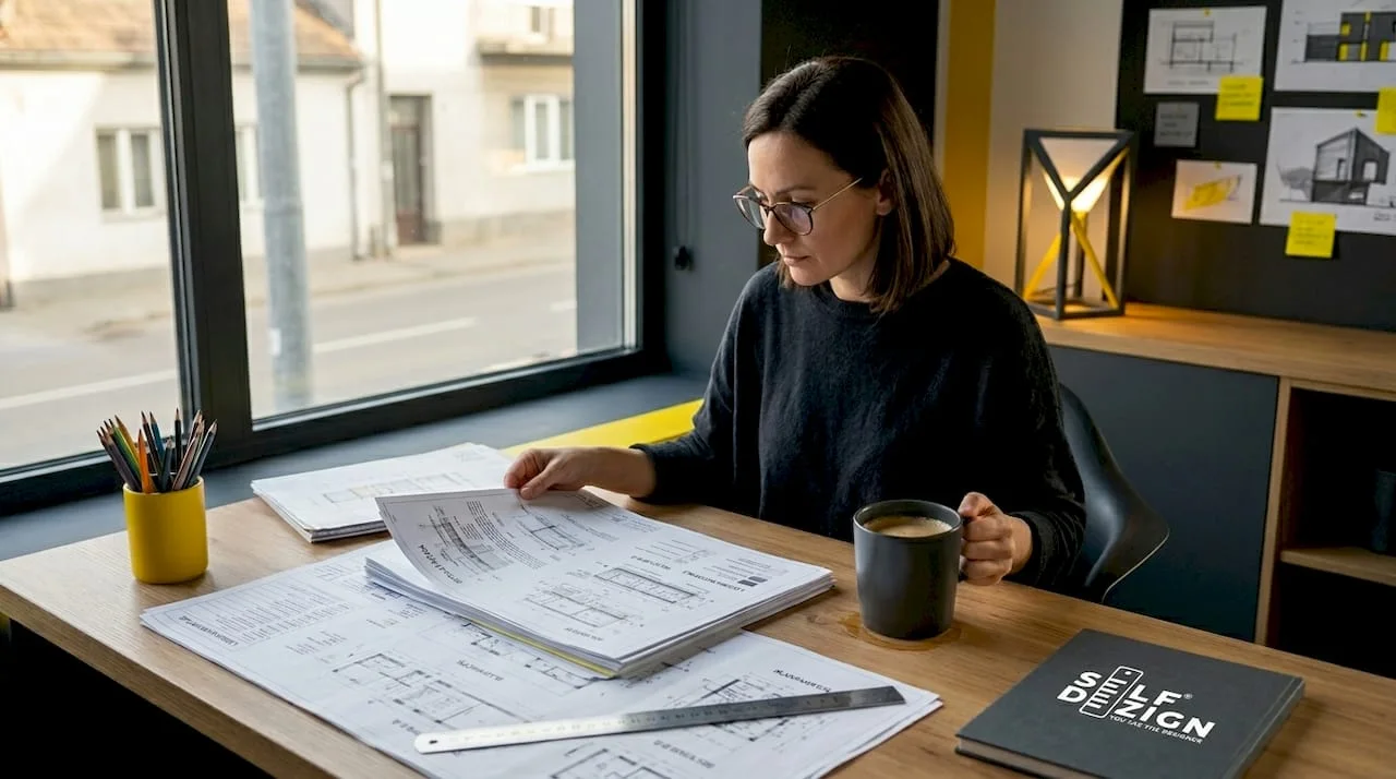 Architect sorting technical blueprint documents