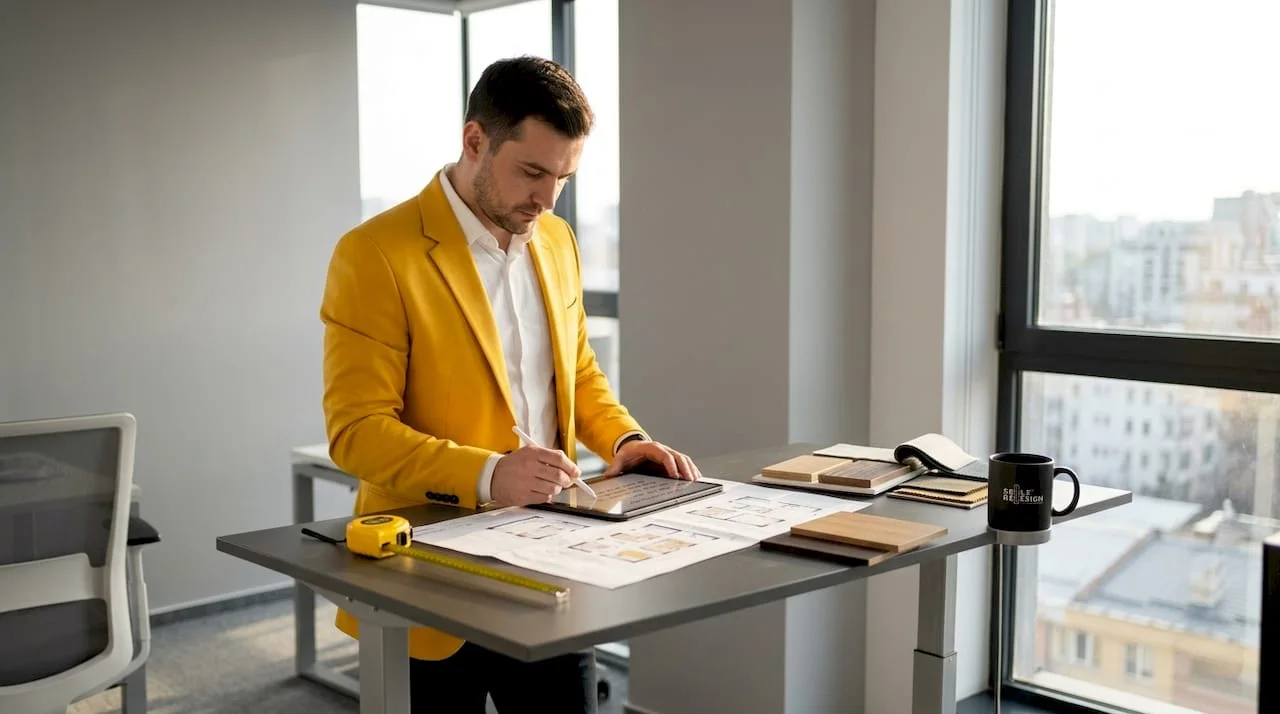 Interior-designer-reviewing-workspace-floor-plans