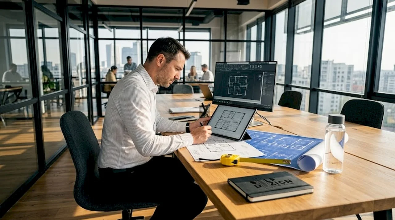 Architect-plans-technical-workflow-at-office-desk