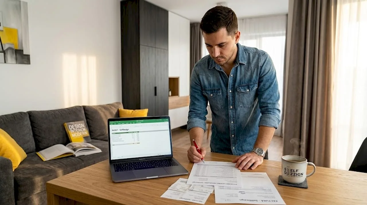 Man reviewing interior design budget at kitchen table