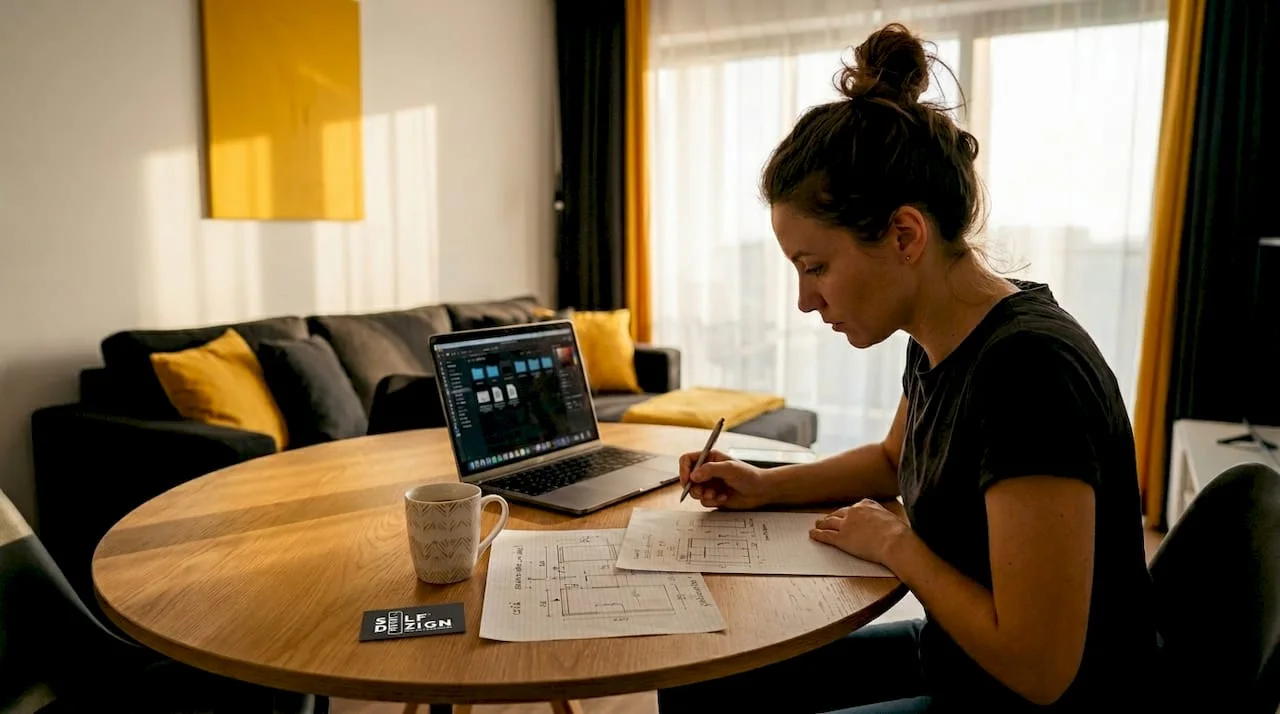 Interior designer sketching at dining table