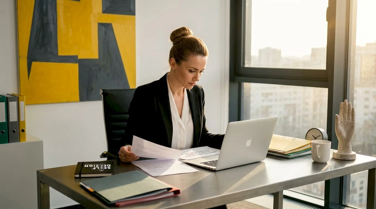 Business analyst reviewing agency proposals at desk