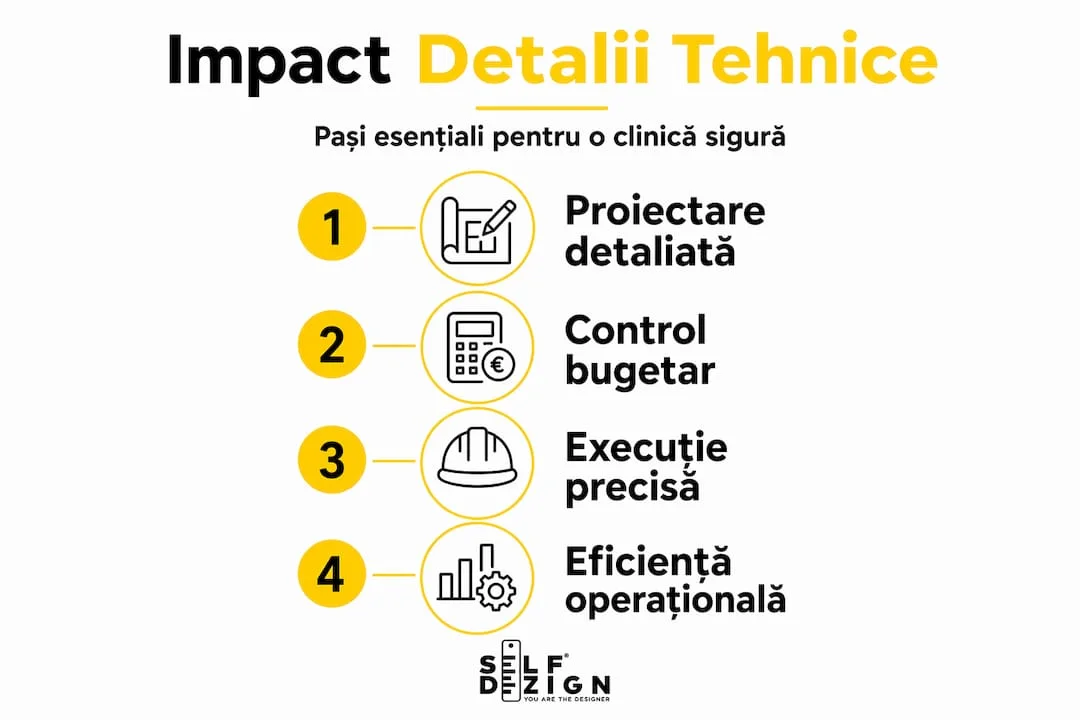 Infografic vertical cu pasii detaliilor tehnice in proiectarea clinicii