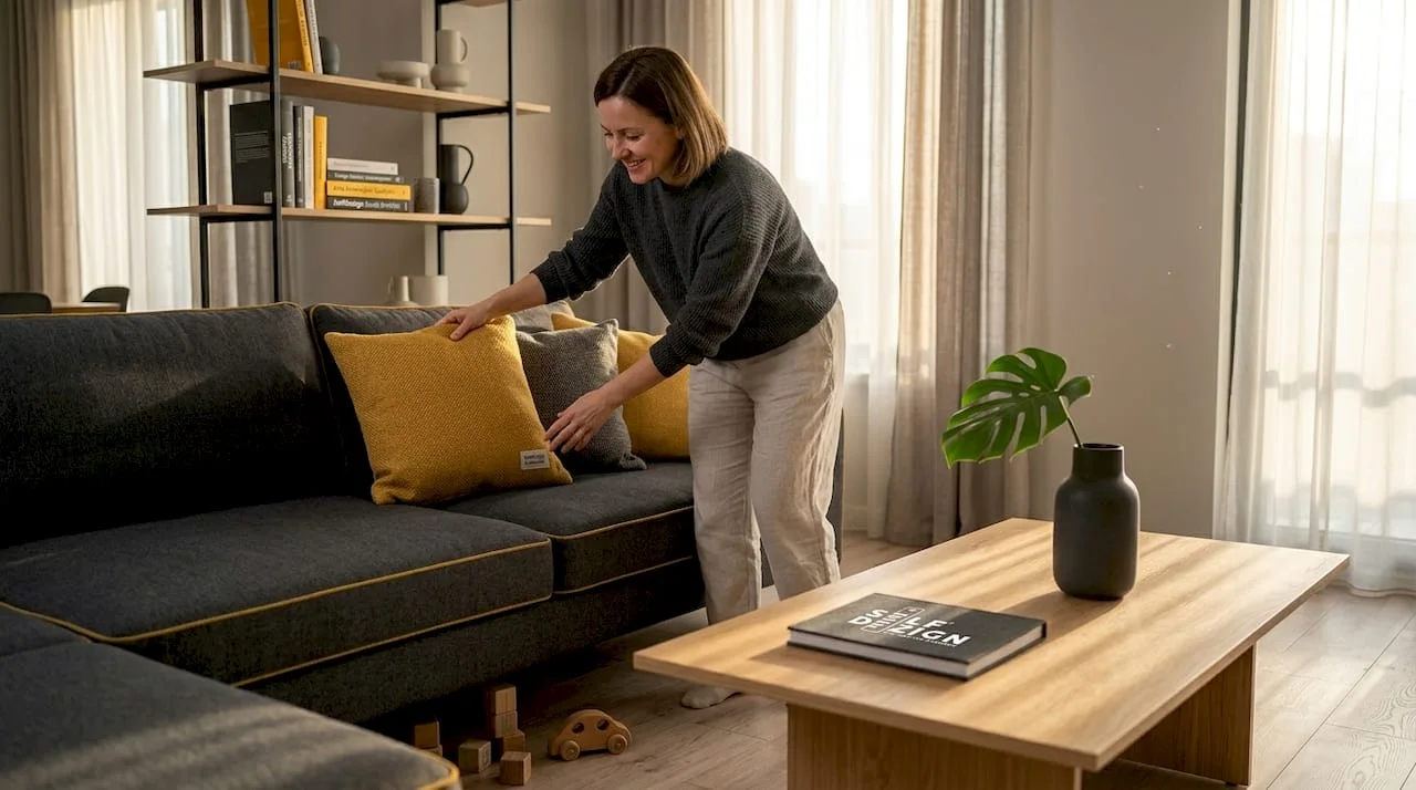 Woman arranging cushions on custom sofa
