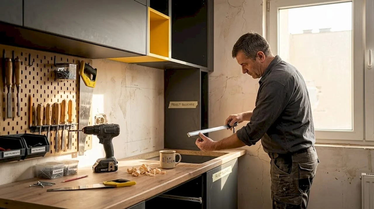 Carpenter measuring for custom kitchen cabinet