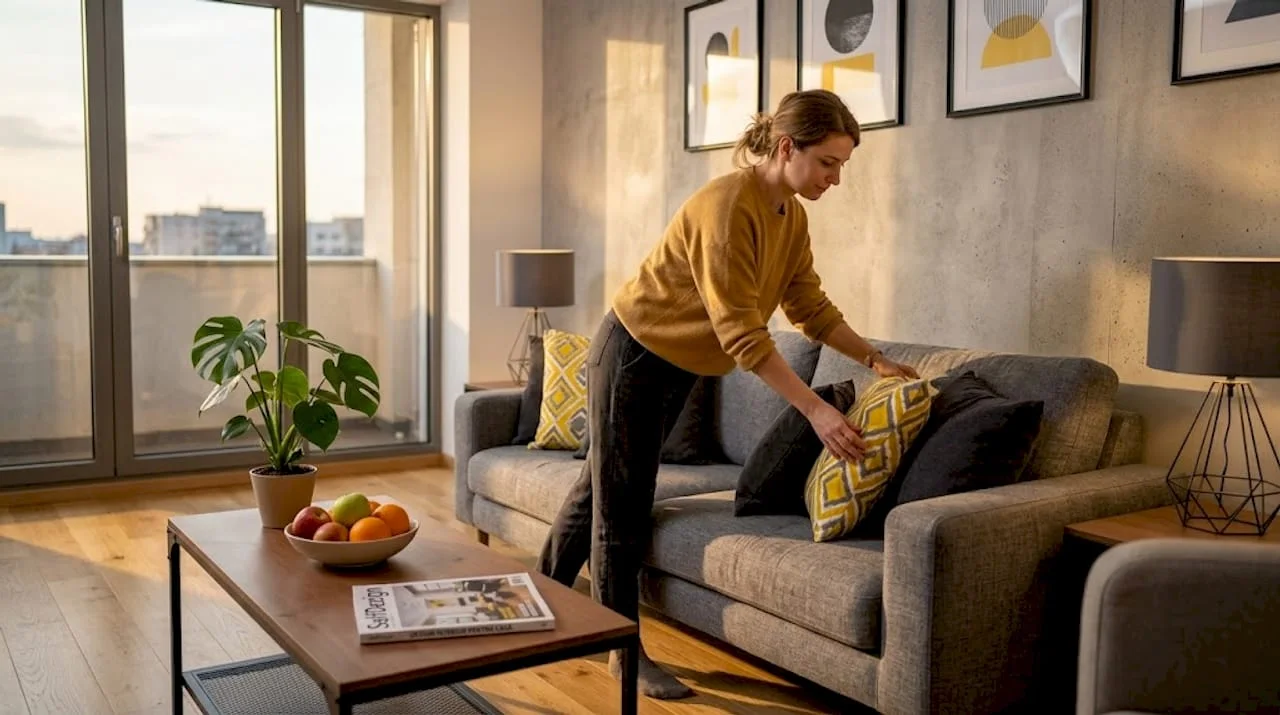 Woman arranging pillows in modern living room