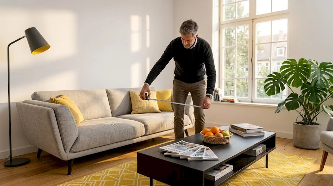 Man measuring distance between living room furniture