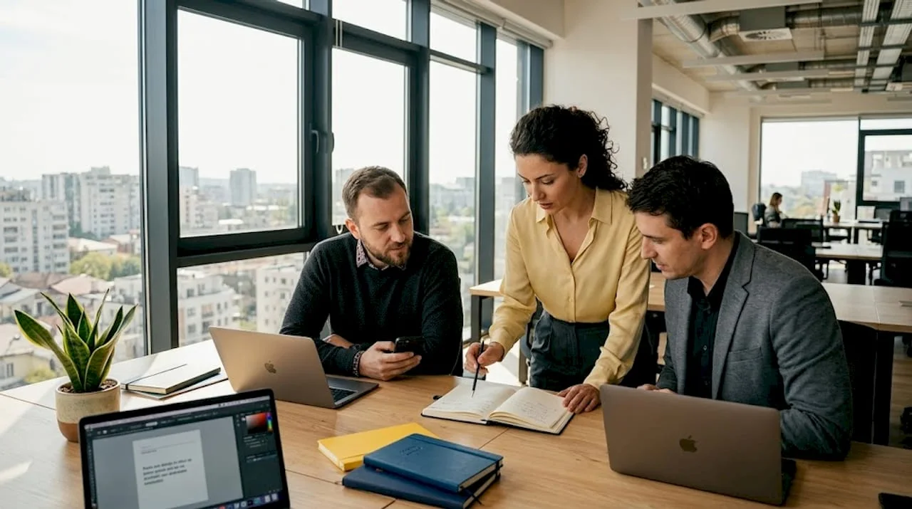 Coworkers-collaborating-in-bright-corner-office