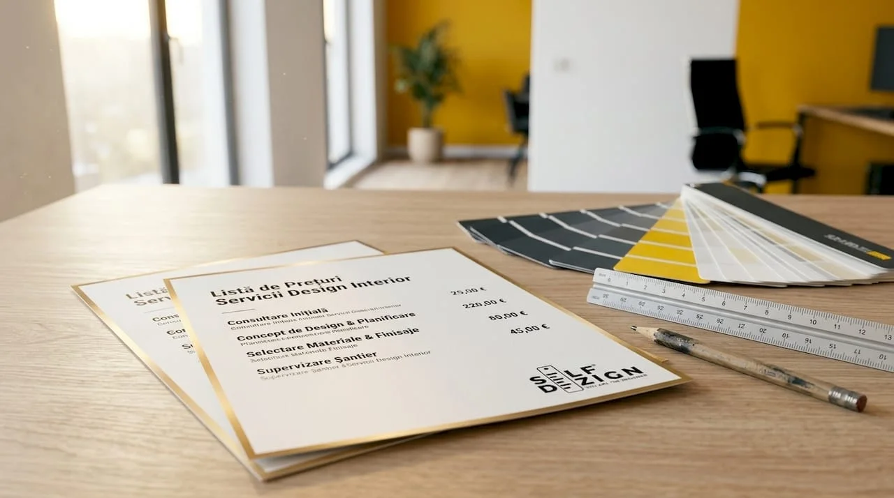 Price list and design tools on desk