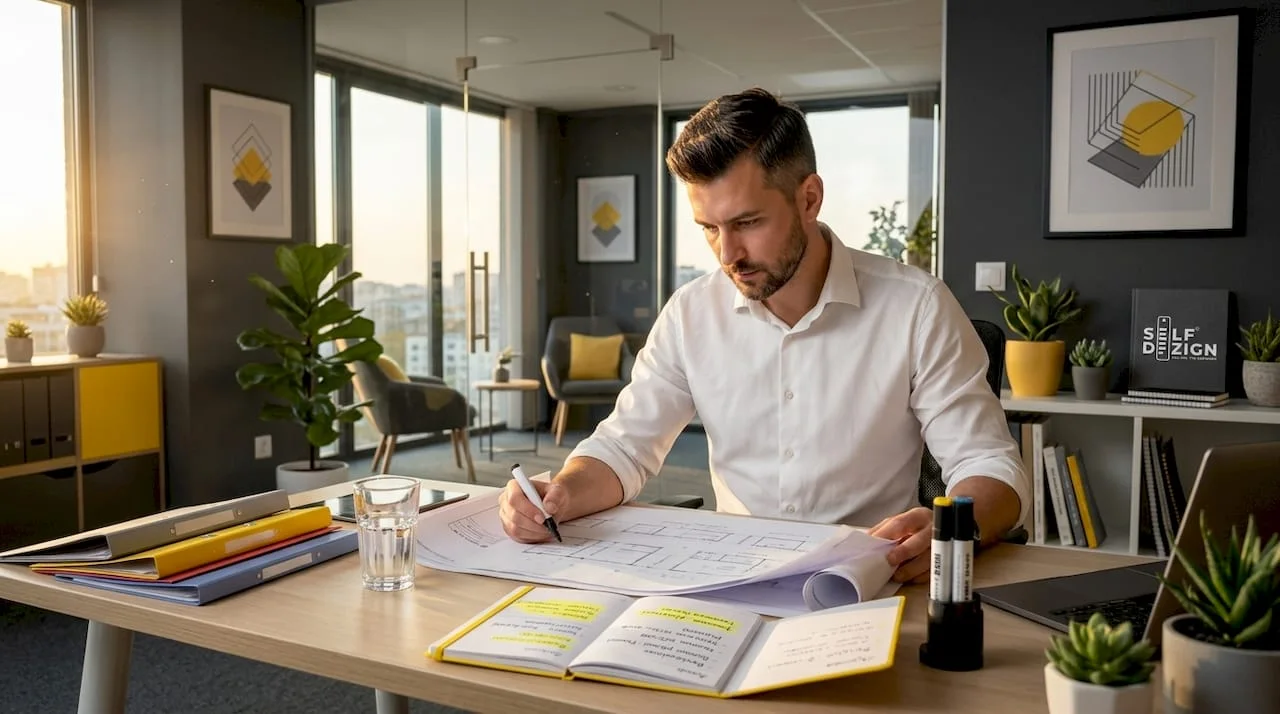 Project-manager-reviewing-plans-at-desk
