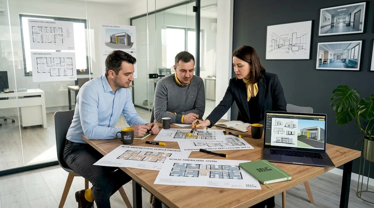 Architects-discussing-clinic-cabinet-hospital-design-differences