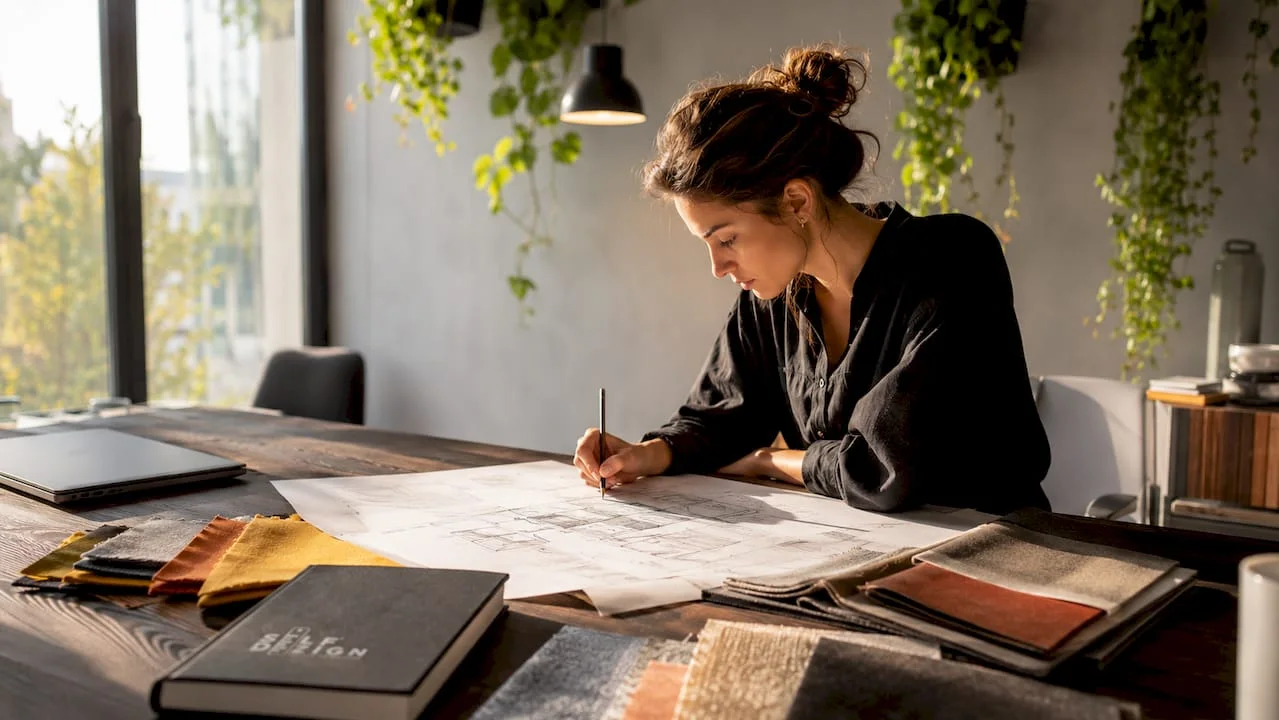 Designera analizand plan de amenajare interiora