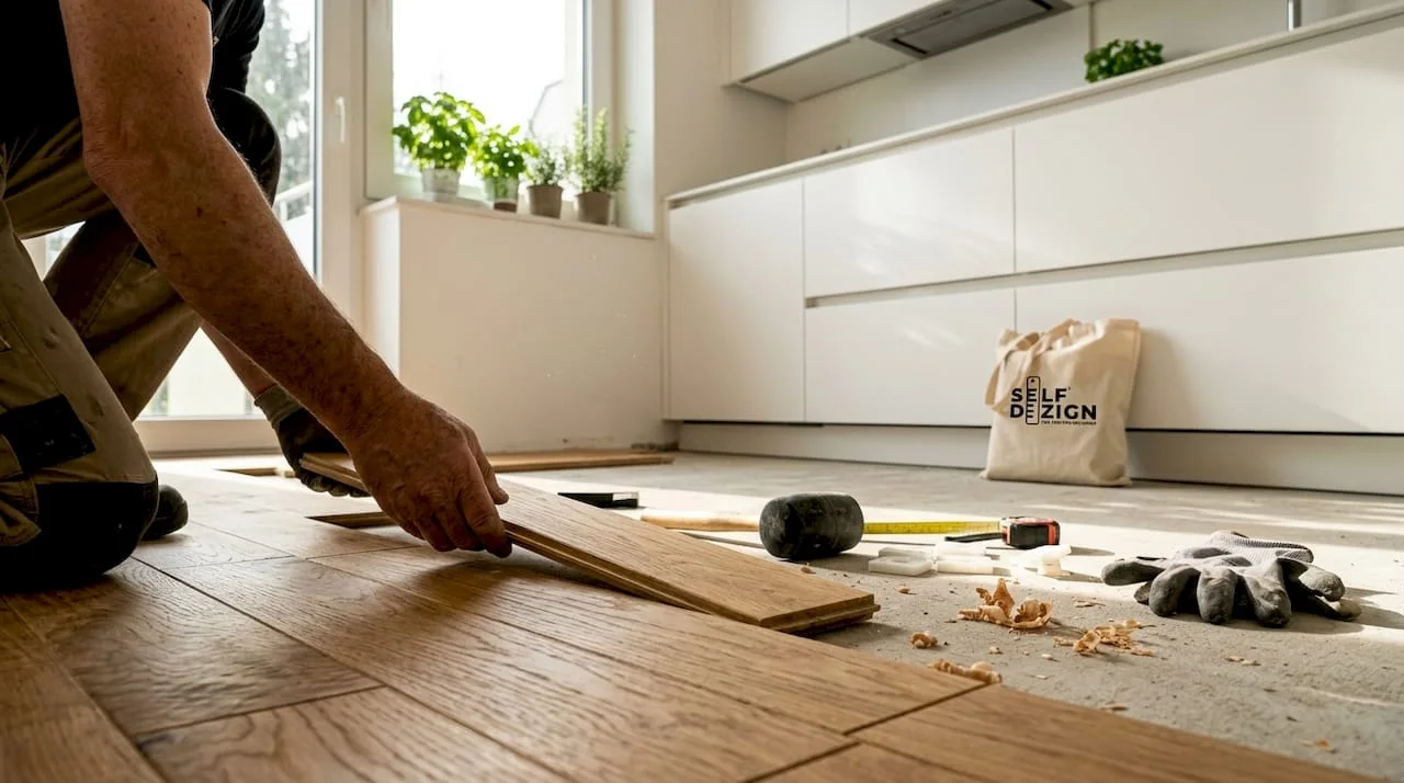 Close-up-hands-installing-oak-parquet-flooring
