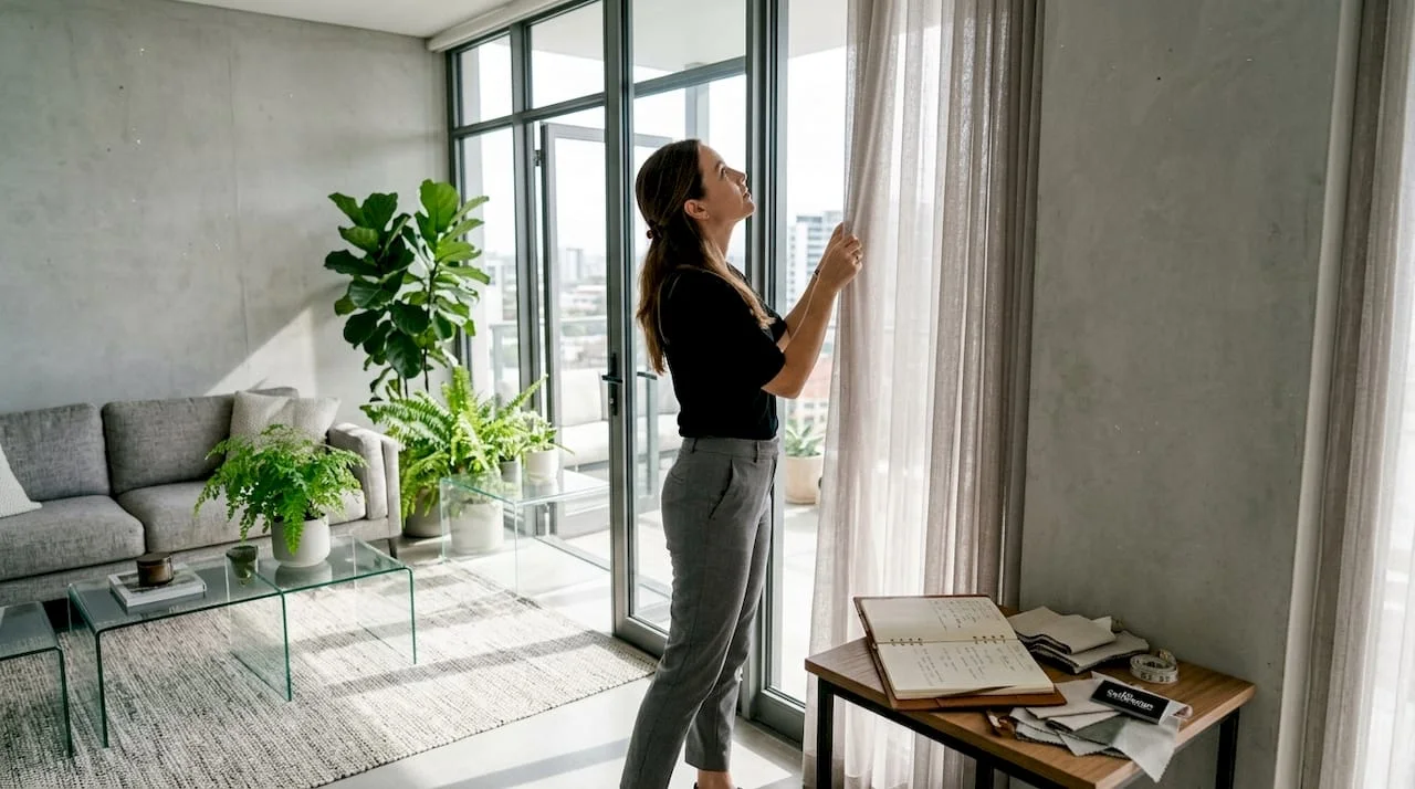 Interior-designer-adjusting-curtains-in-natural-light-filled-room