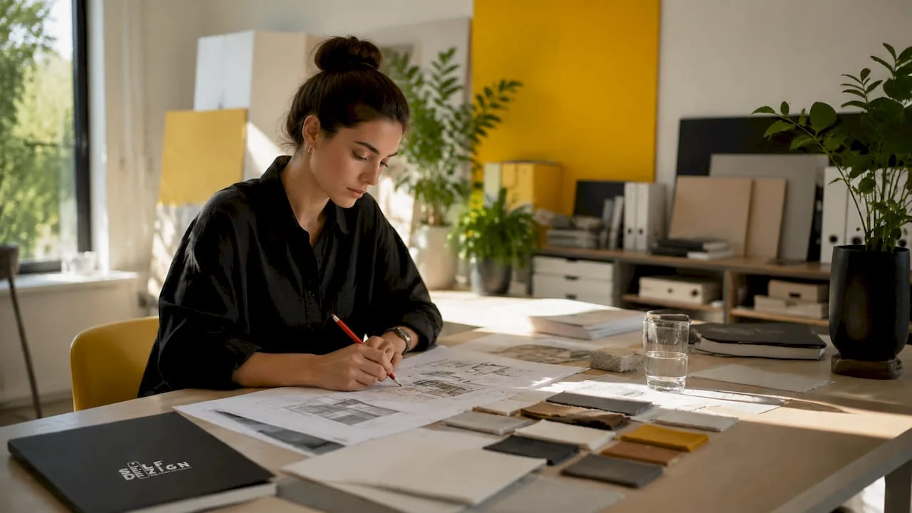 Interior designer reviewing design proposals in studio