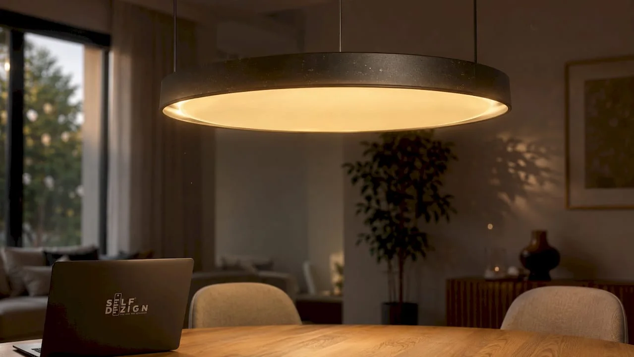 Ceiling light fixture glowing warmly over dining table