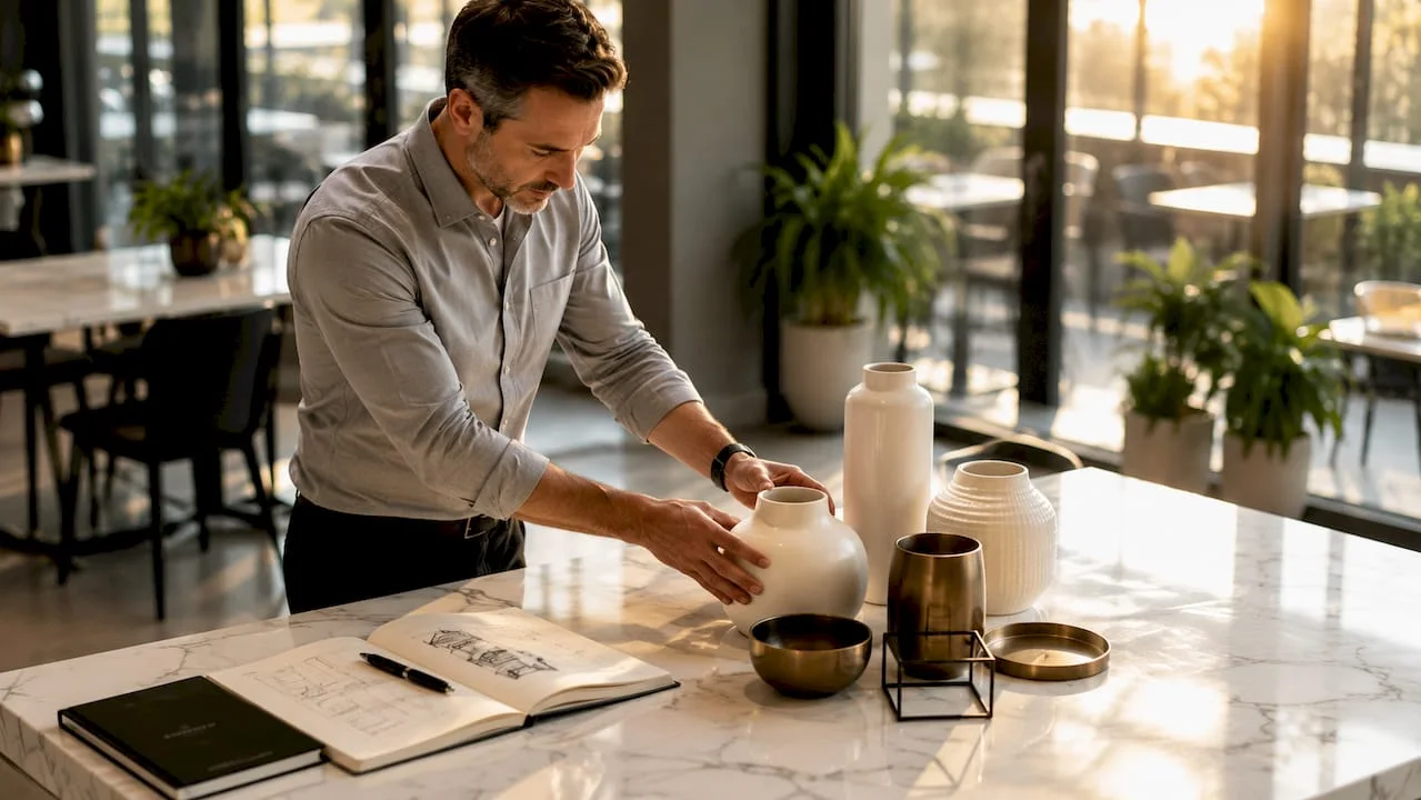 Designer arranging modern horeca decorative elements