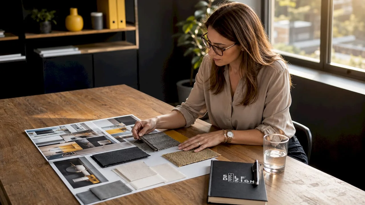 Owner reviewing horeca design styles documents