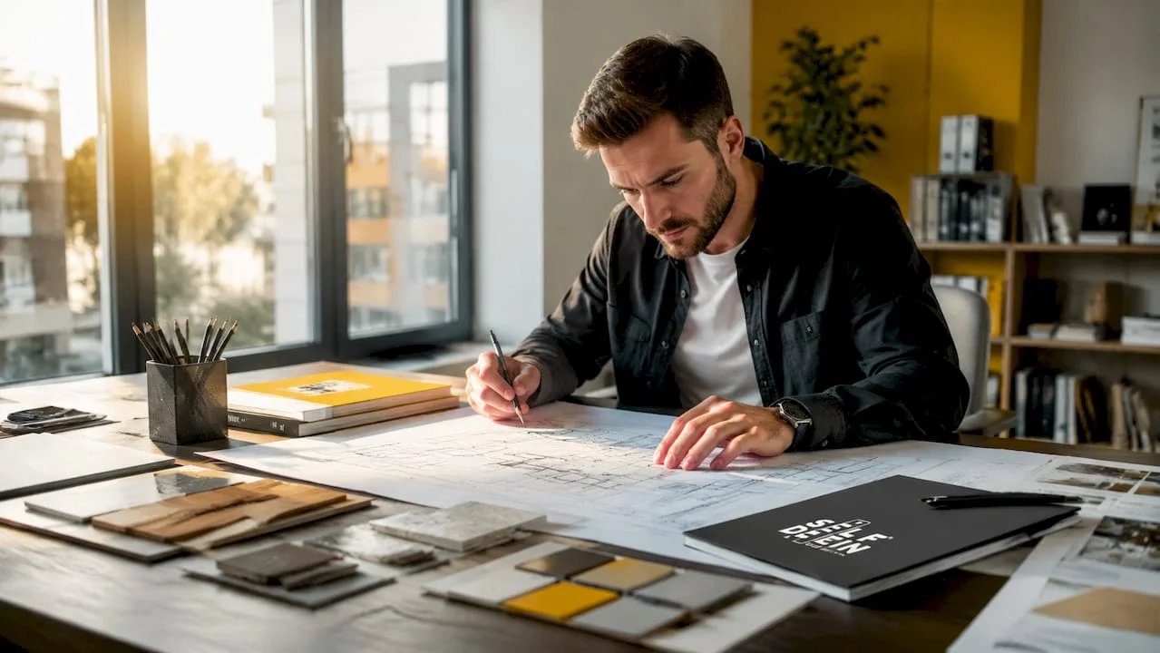 Interior designer sketching plans in studio