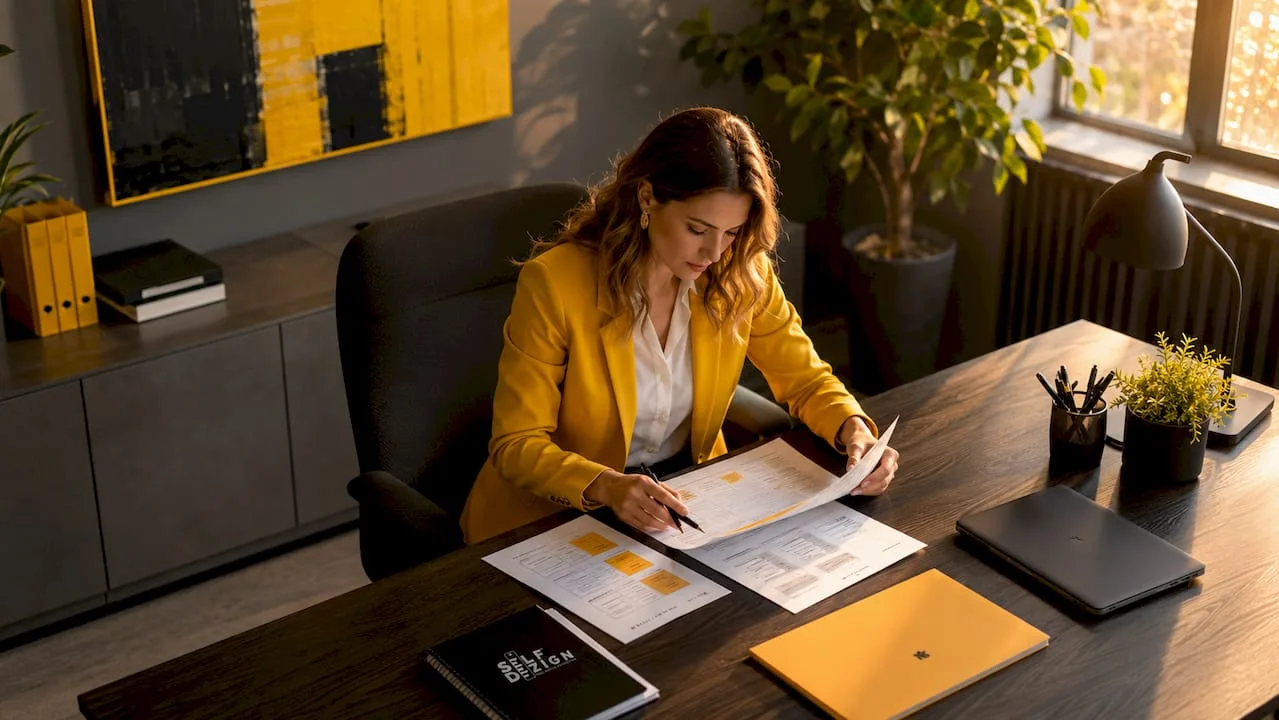 Woman reviewing design prioritization charts at desk