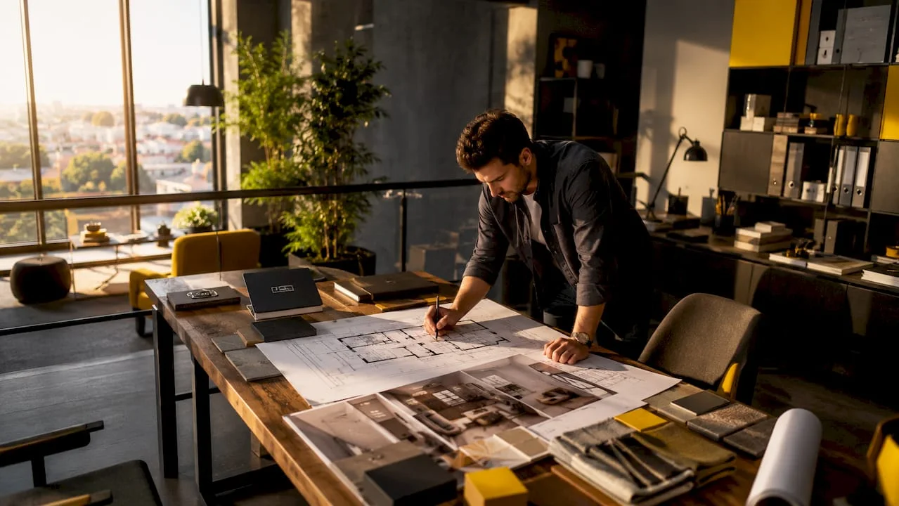 Interior designer reviewing horeca space plans