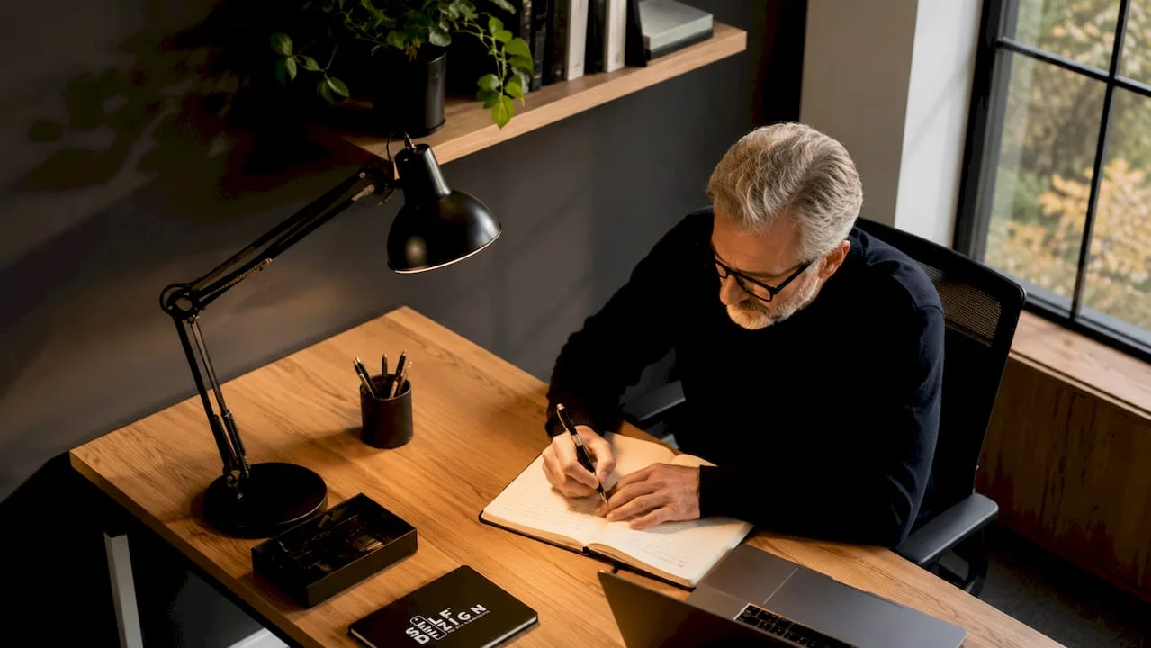 Man working under task lighting in home office