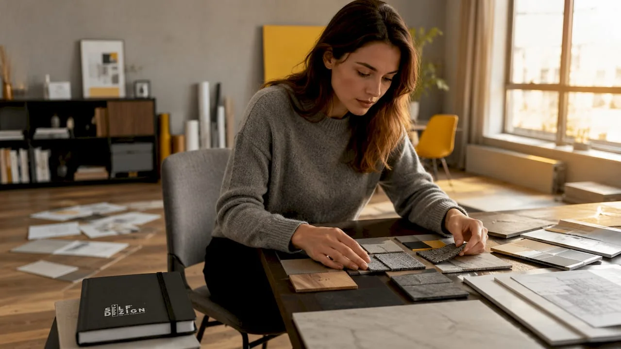 Interior designer reviewing material samples in office