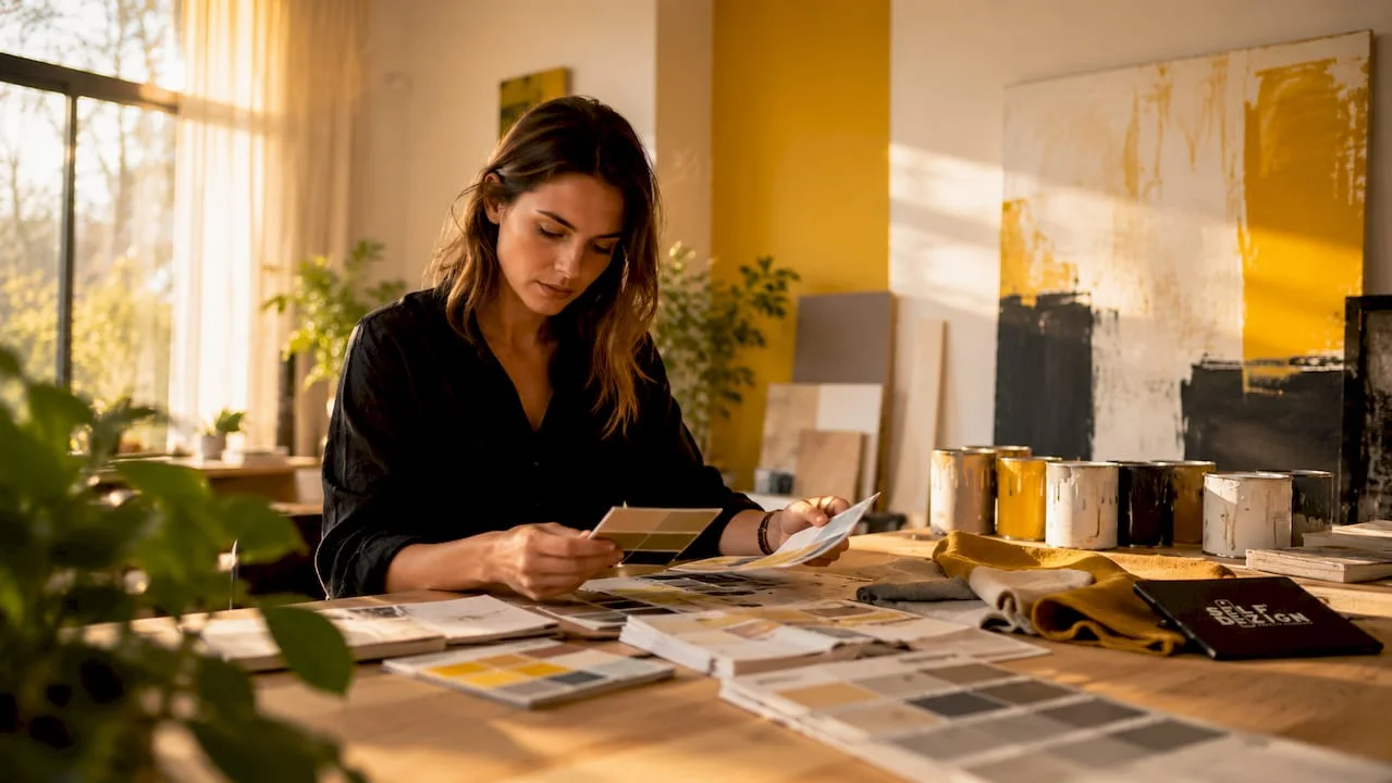 Woman comparing color swatches in bright living room
