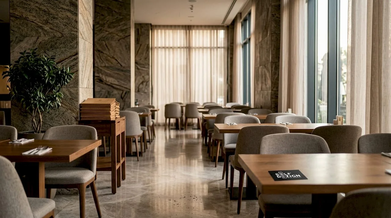 Interior restaurant modern cu lumina naturala calda