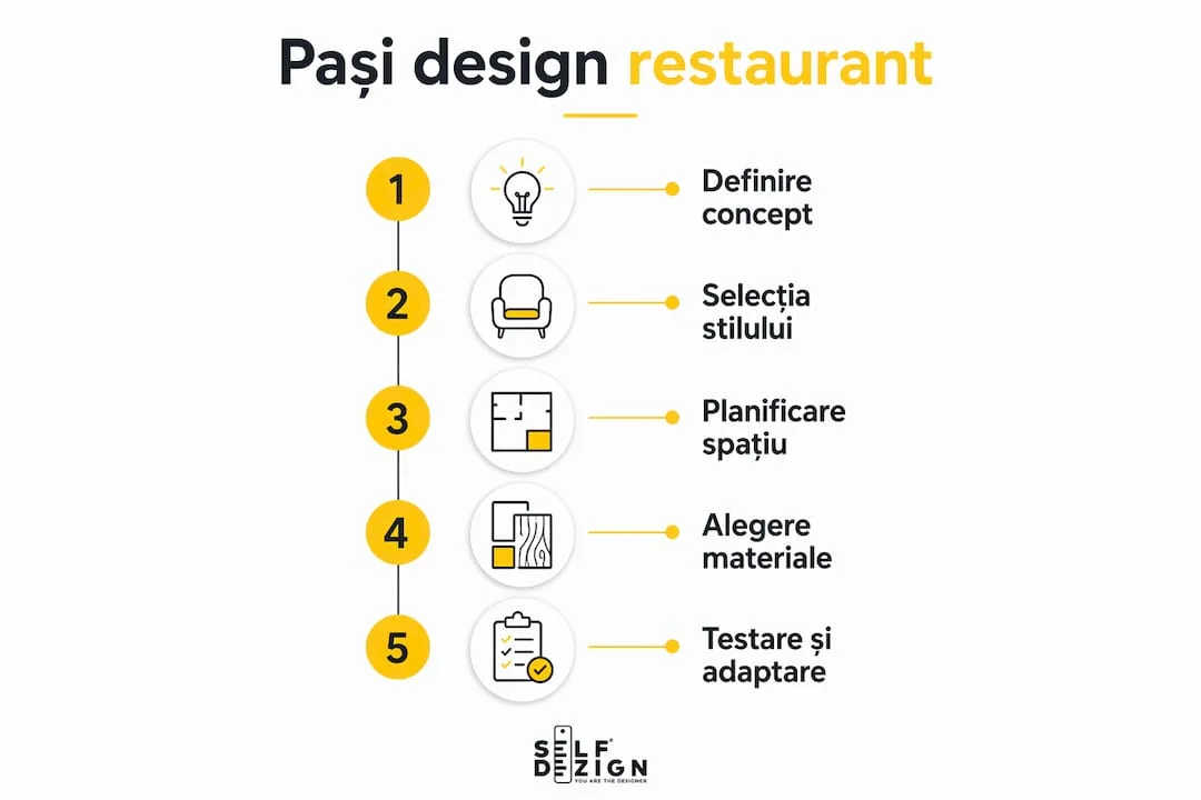 Infografic cu pasii designului pentru restaurante in etape verticale