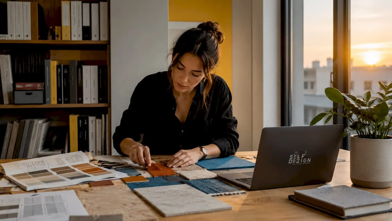 Designer-reviewing-fabric-and-color-samples-in-home-office