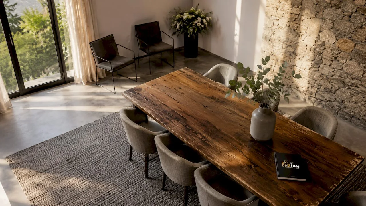 Interior modern cu texturi diferite pe pereti si mobilier