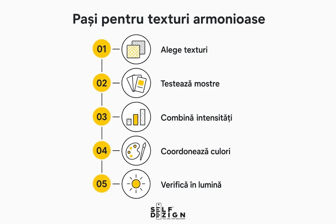 Infografic cu pasii esentiali pentru combinarea corecta a texturilor in amenajare