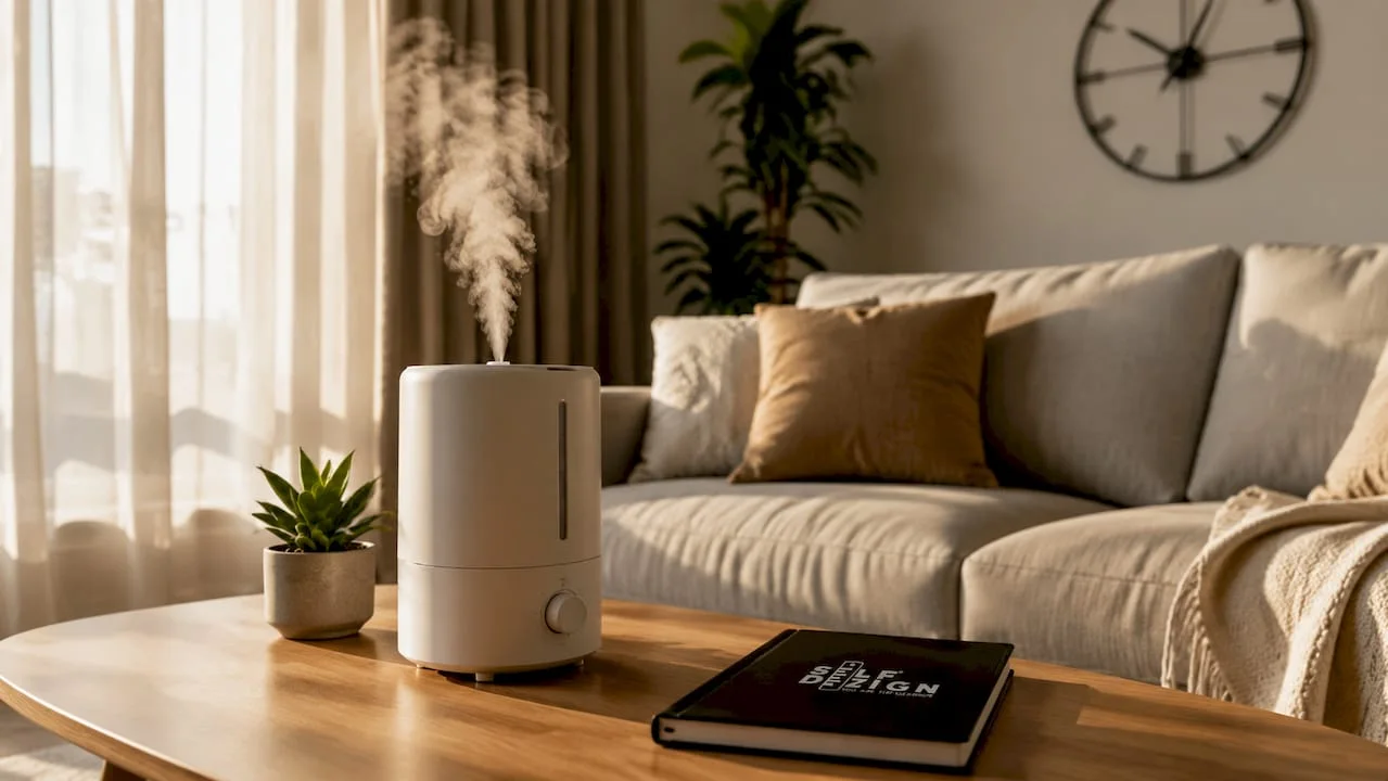 Bedroom corner with hygrometer and dehumidifier in natural light
