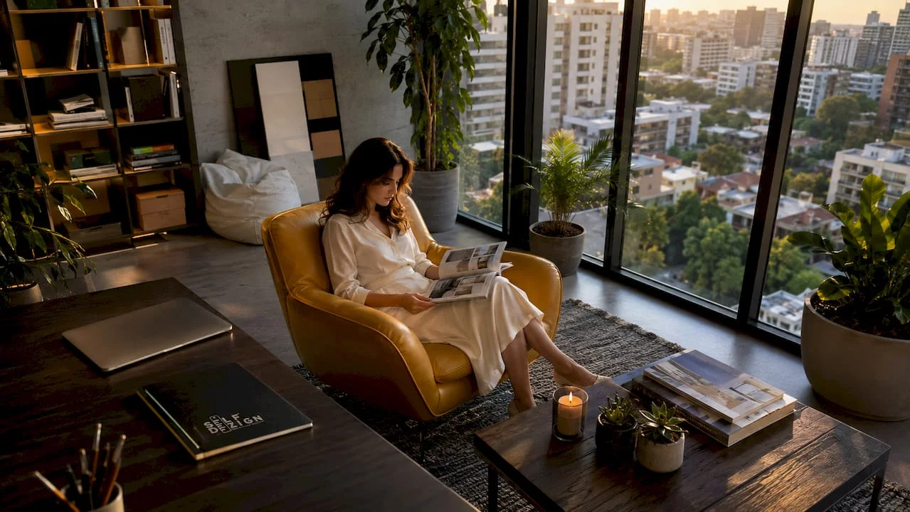Modern living room with natural light and woman reading