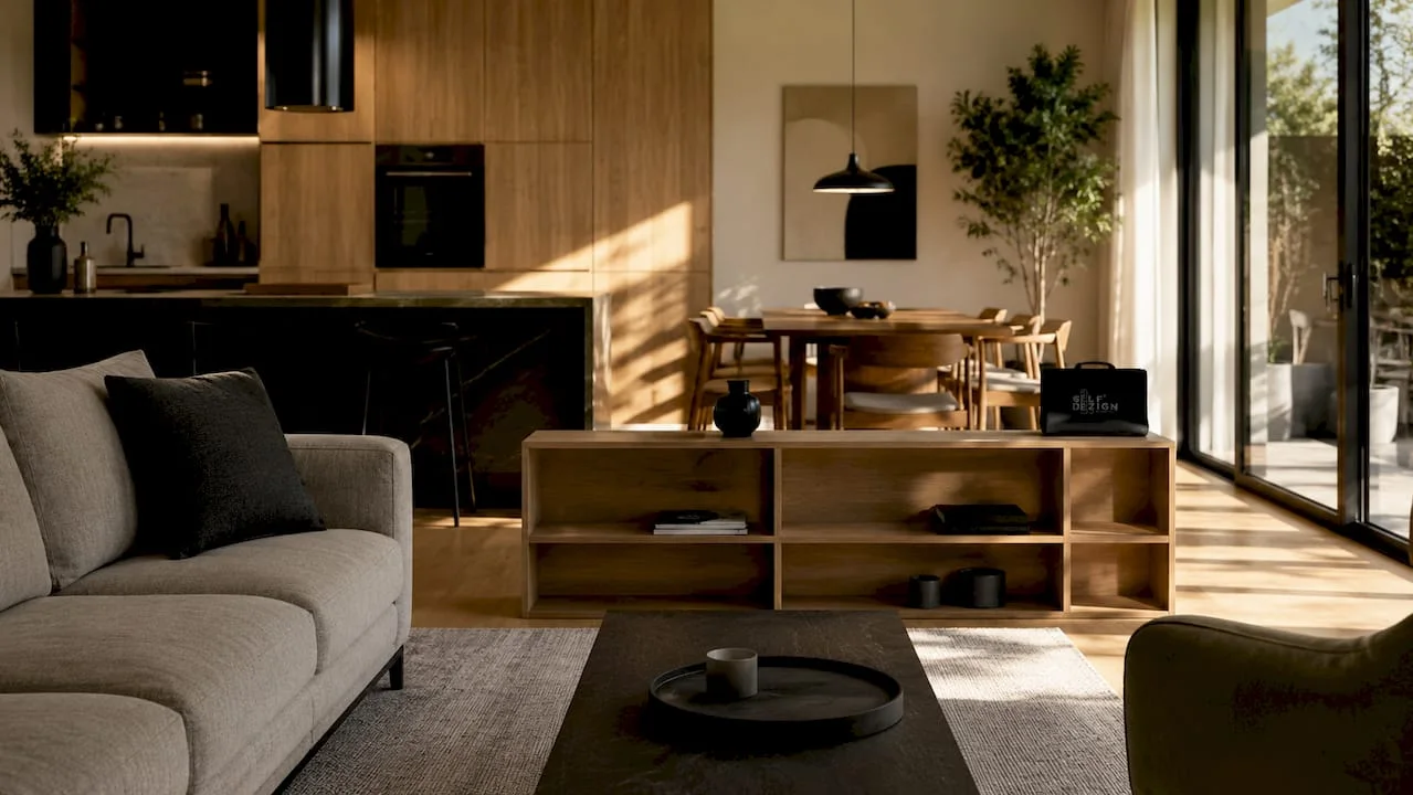 Zoned open space with furniture and textures